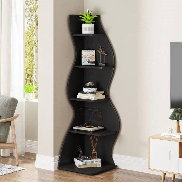 Modern 5-shelf curved corner bookcase in black wood by HomePacific with 5 open shelves on Tampa Home & Garden Store