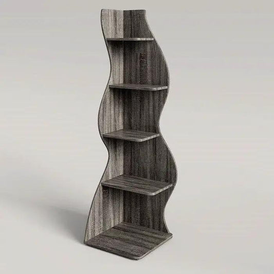Modern Grey Wood 5-Shelf Corner Bookcase with curved wave sides, HomePacific on Tampa Home & Garden Store