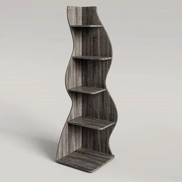 Modern Grey Wood 5-Shelf Corner Bookcase with curved wave sides, HomePacific on Tampa Home & Garden Store