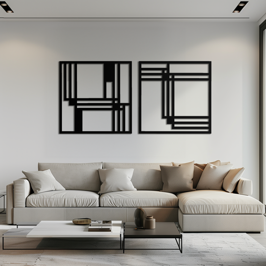 Modern Abstract Rectangles Metal Wall Art – Geometric Minimalist Black Steel Decor, 2 Panel Set for Contemporary Interiors- KAF433 - Tampa Home & Garden Store