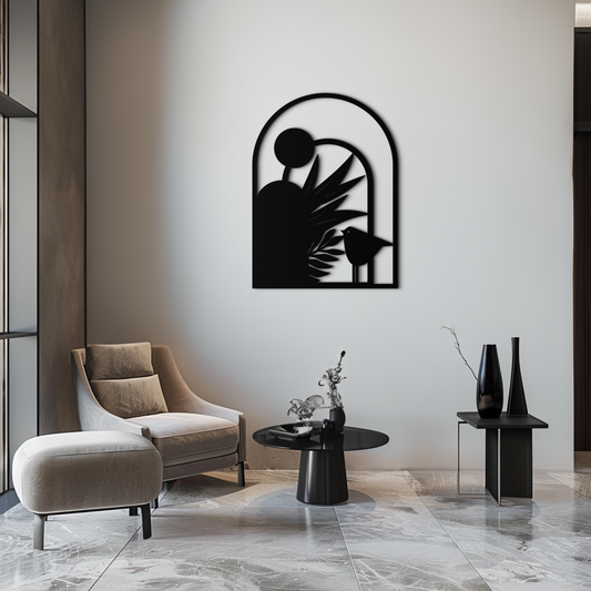 Modern Archway with Bird & Plants Metal Wall Art – Abstract Nature-Inspired Black Steel Decor for Contemporary Interiors- KAF438 - Tampa Home & Garden Store