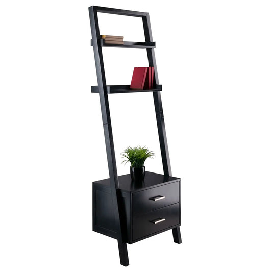 Modern Black 2-drawer Entryway Ladder Shelf with two shelves and bottom storage cabinet on Tampa Home & Garden Store