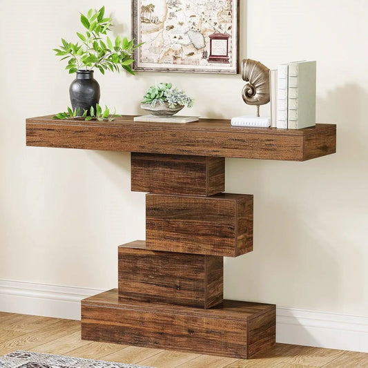 Modern Farmhouse 42in Console Sofa Table in rustic brown wood with block pedestal base on Tampa Home & Garden Store