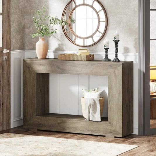 Modern Farmhouse 47 Inch Entryway Console Table in gray wood finish with open lower shelf on Tampa Home & Garden Store