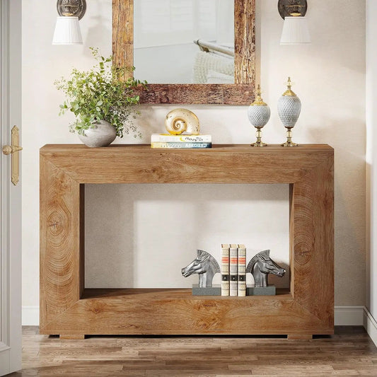 Modern Farmhouse 47-inch wooden console table brown finish with greenery and books on Tampa Home & Garden Store