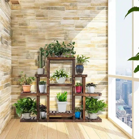 Modern Farmhouse 6-Tier Plant Stand and Bookcase wooden frame with potted plants by a wall on Tampa Home & Garden Store
