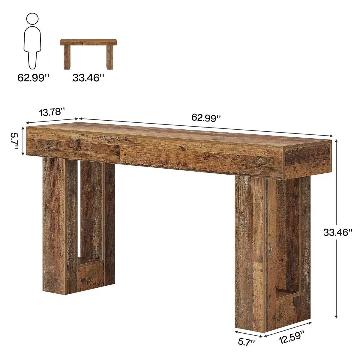 Modern Farmhouse 63-Inch Entryway Console Table in distressed wood with chunky legs on Tampa Home & Garden Store