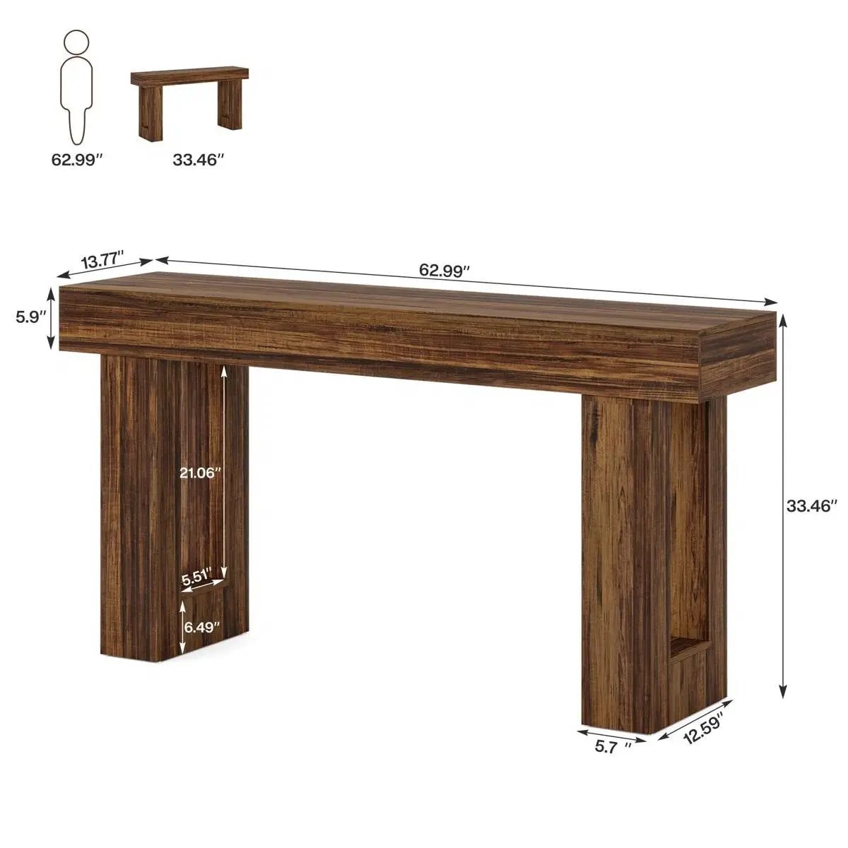 Modern Farmhouse Console Sofa Table 63-Inch Long in brown wood finish with thick block legs on Tampa Home & Garden Store