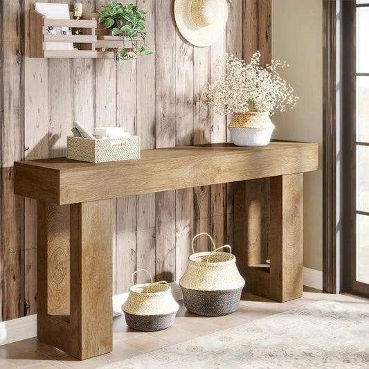 Modern Farmhouse 63-Inch Console Table in natural wood with vase of white flowers on Tampa Home & Garden Store