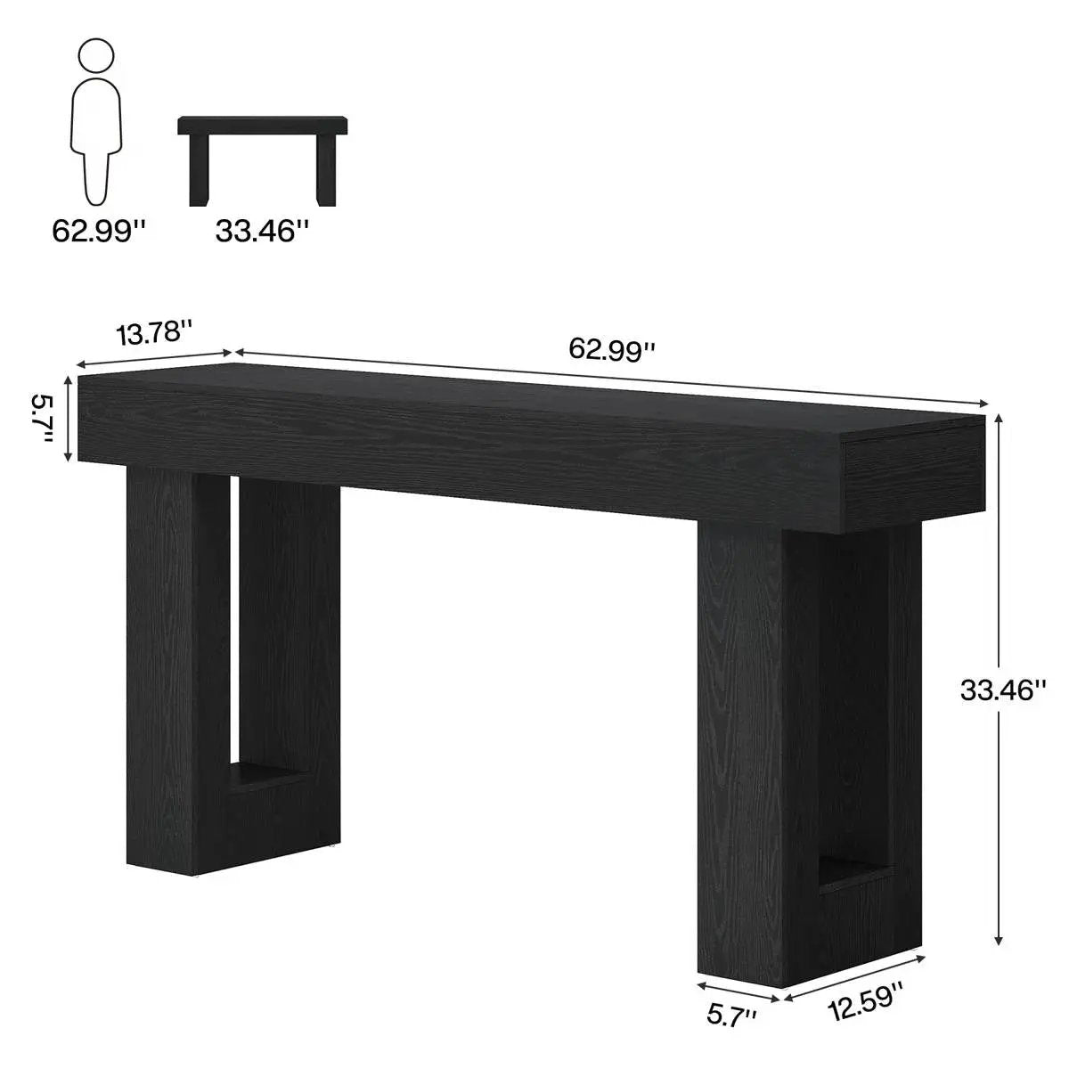 Modern Farmhouse 63-Inch Console Sofa Table in black wood with thick block legs on Tampa Home & Garden Store