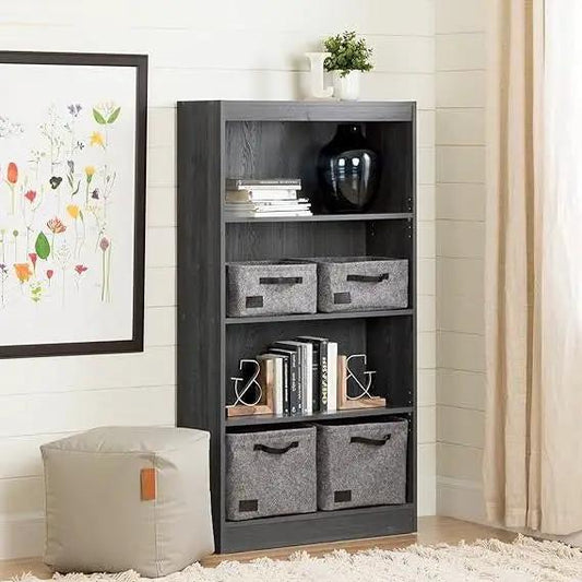 Modern four-shelf bookcase in grey oak wood by HomePacific with fabric storage bins on Tampa Home & Garden Store