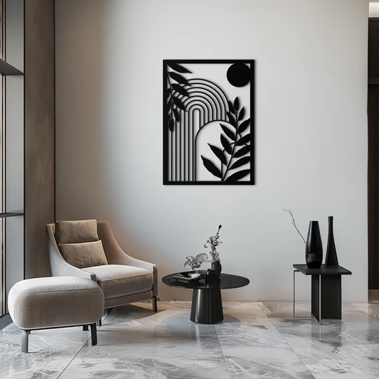 Modern Geometric Botanical Metal Wall Art black metal frame with arched lines and leafy silhouettes on Tampa Home & Garden Store