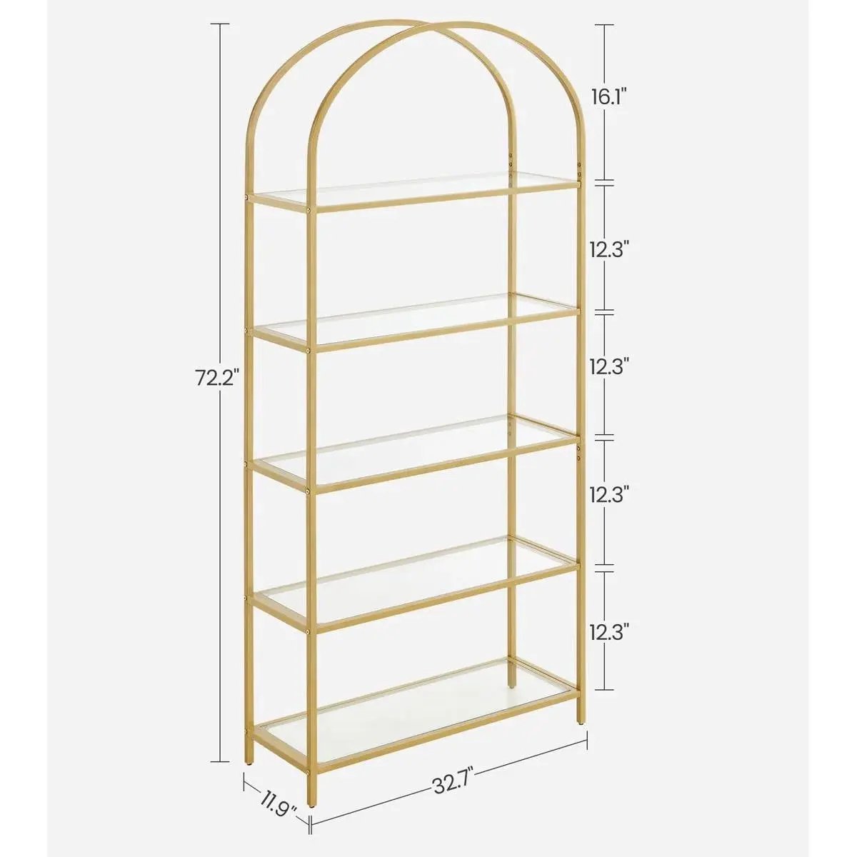 Gold metal arched-top display rack with five glass shelves for living room storage on Tampa Home & Garden Store