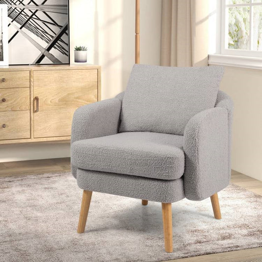 Modern Grey Sherpa Fabric Upholstered Accent Chair with Wooden Legs - Tampa Home & Garden Store