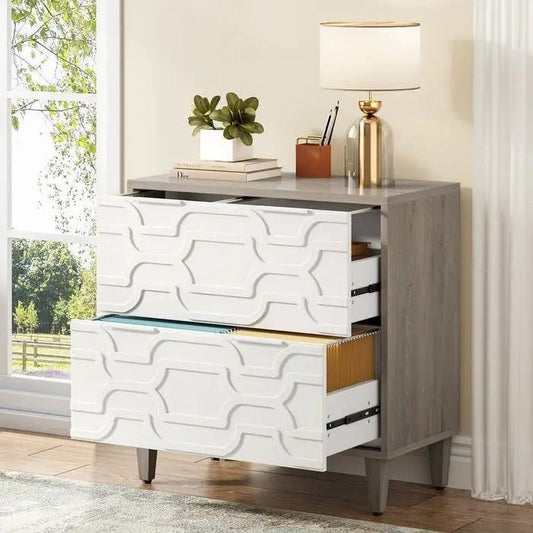Grey White Wood 2 Drawer Filing Cabinet Stand with wood frame and white geometric drawer fronts on Tampa Home & Garden Store