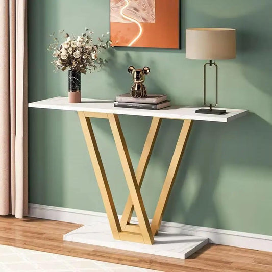 Modern Industrial Console Table with faux white marble top and gold V shaped legs on Tampa Home & Garden Store