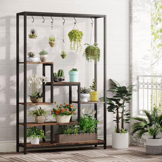 Modern Industrial Heavy Duty Metal Wood Plant Stand with 10 Hanging Hooks - Tampa Home & Garden Store