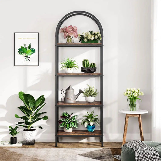 Modern Industrial Metal Wood Display Rack bookcase with 4 shelves and arched top black frame on Tampa Home & Garden Store