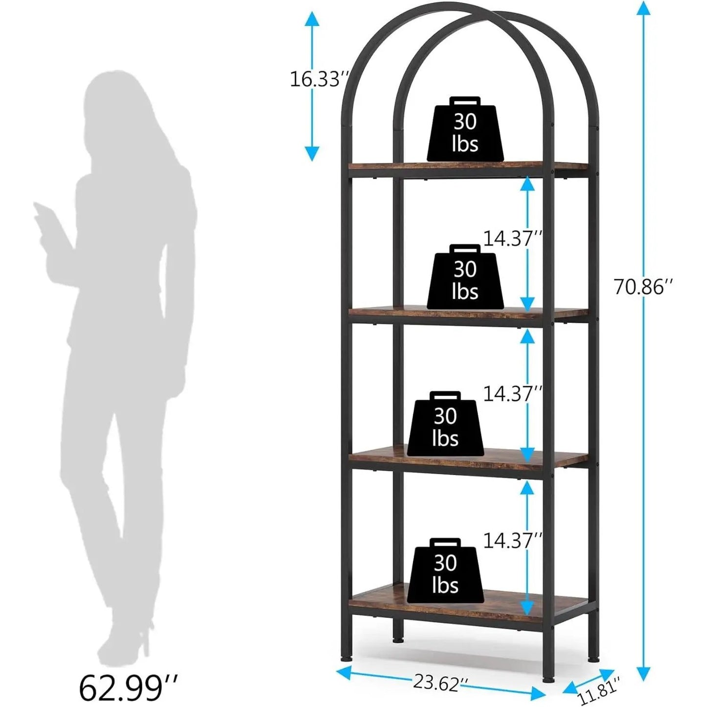 Modern Industrial Metal Wood Display Rack bookcase with 4 wood shelves and arch frame on Tampa Home & Garden Store