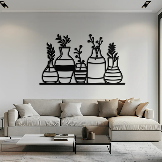 Modern Minimalist Vase Silhouette Metal Wall Art in black with leafy stems on gray wall on Tampa Home & Garden Store