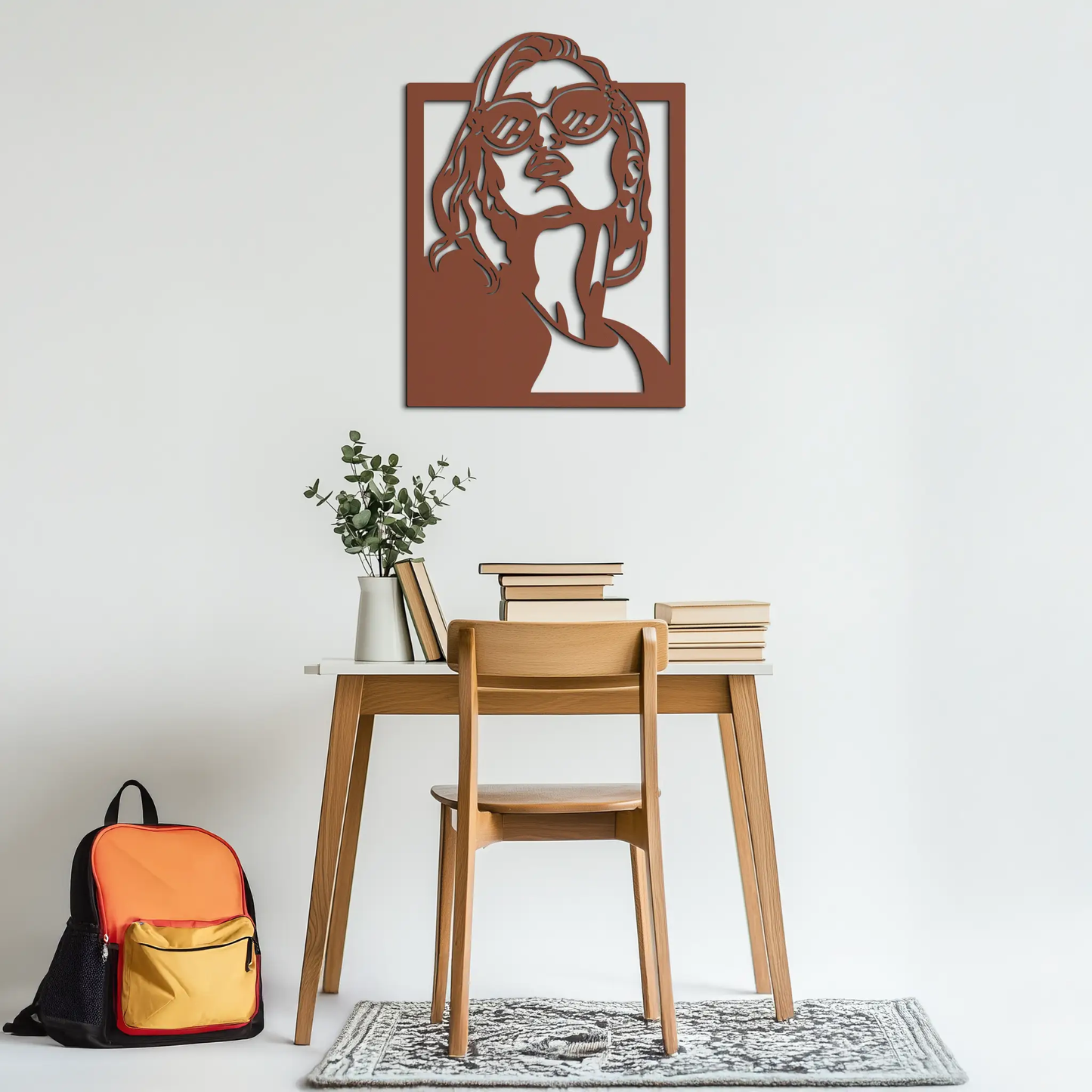Modern Sunglasses Woman Silhouette Metal Wall Art rust brown finish above a desk on Tampa Home & Garden Store
