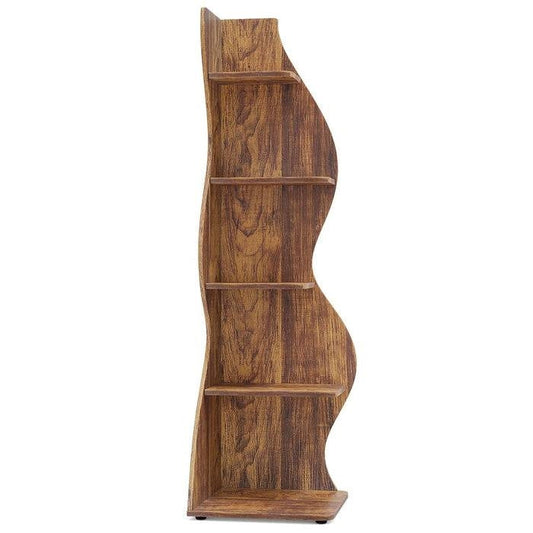 Modern Wave Shape 5 Shelf Corner Bookcase in Brown Wood Finish - Tampa Home & Garden Store