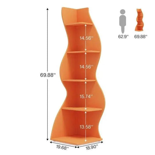 Wave Shape Corner Bookcase, 5-Shelf, orange wood with curved silhouette for corner spaces on Tampa Home & Garden Store
