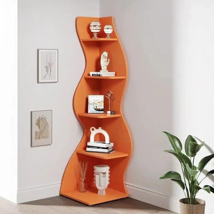 Wave Shape Corner Bookcase 5-Shelf orange wood finish with curved shelves for corner spaces on Tampa Home & Garden Store