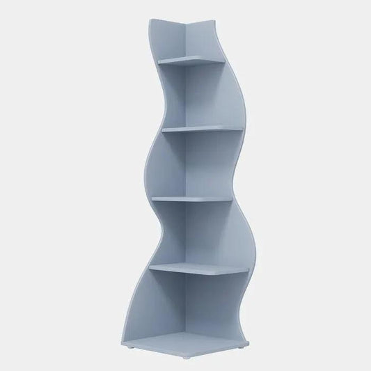 Modern Whimsical Corner Bookcase Stand blue wood finish with curved sides five-shelf design on Tampa Home & Garden Store