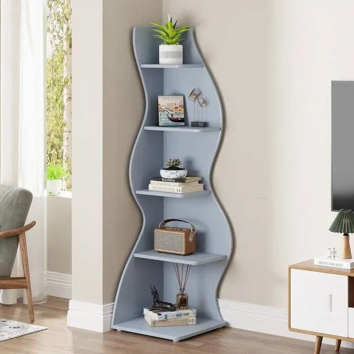 Modern Whimsical Corner Bookcase Stand Blue Wood with five shelves for office use on Tampa Home & Garden Store