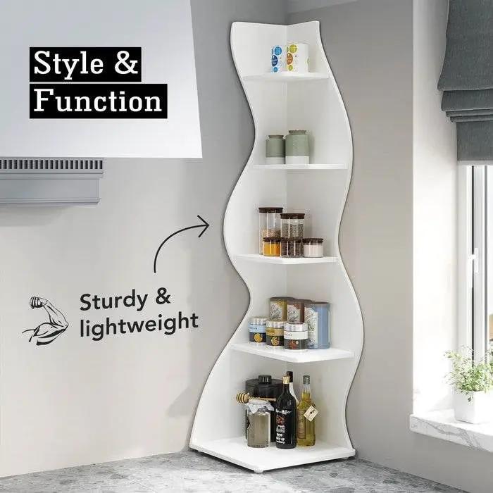 Modern Whimsical 5-Shelf Corner Bookcase Stand, white wood finish with curved shelves on Tampa Home & Garden Store