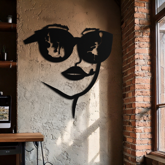 Modern Woman Face with Sunglasses Metal Wall Art – Abstract Reflective Scene Black Steel Decor for Contemporary Interiors- KAF460 - Tampa Home & Garden Store