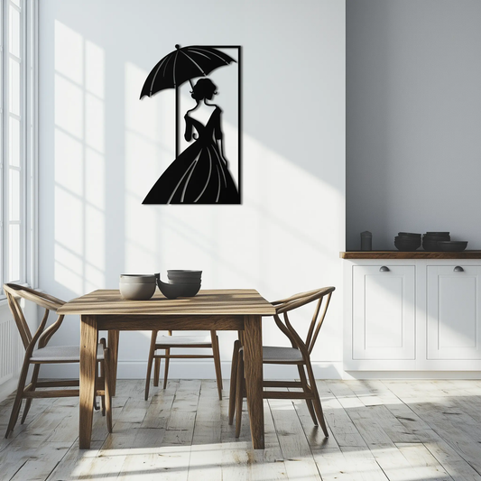 Modern Woman Silhouette Metal Wall Art Panel black metal figure with umbrella Enova Art on Tampa Home & Garden Store