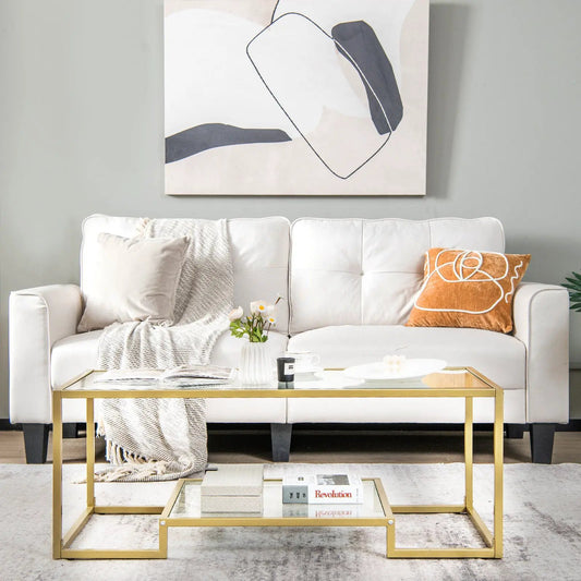 Modern 2-Tier Rectangular Coffee Table Glass Top with gold metal frame DirectDeals on Tampa Home & Garden Store