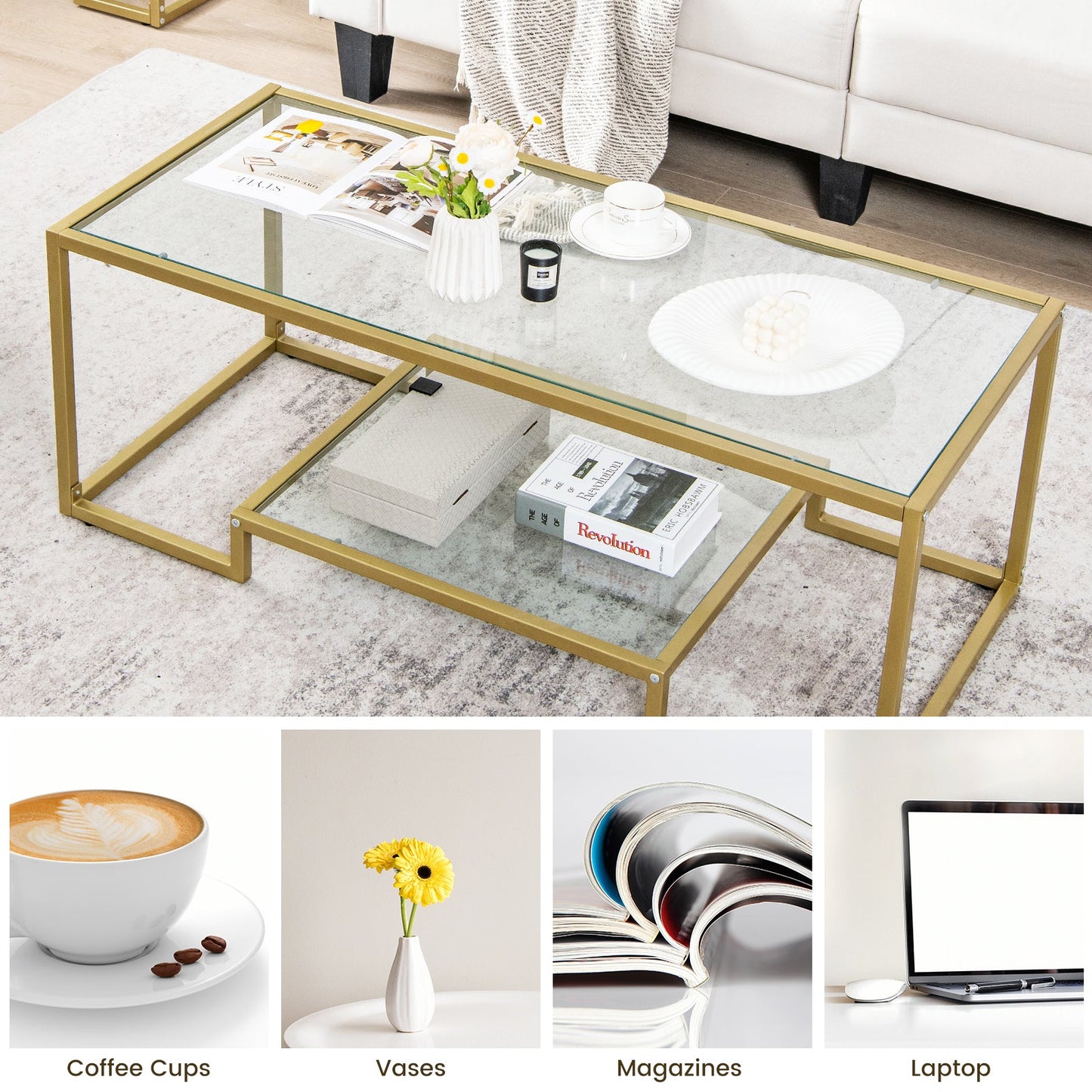 Mesa de centro rectangular moderna de 2 niveles con tapa de cristal - Dorada