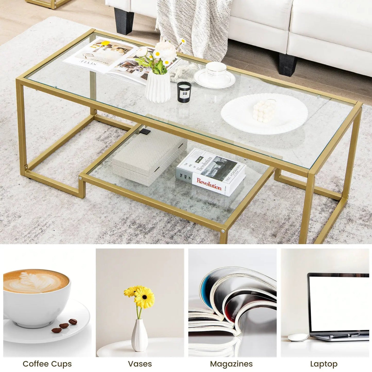 Modern 2-Tier Rectangular Coffee Table with Glass Table Top-Golden - Tampa Home & Garden Store