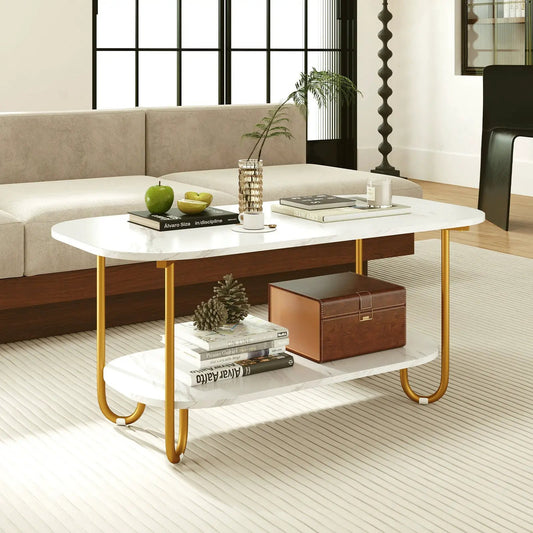 Modern two-tier faux marble coffee table white with gold legs DirectDeals on Tampa Home & Garden Store