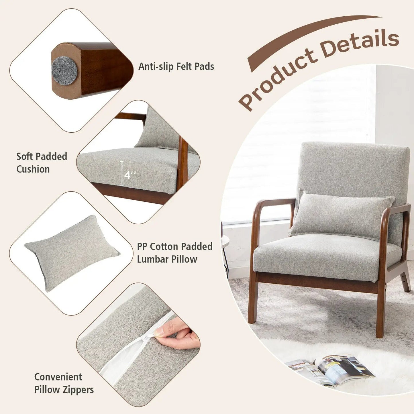 Modern Accent Chair with Rubber Wood Frame and Lumbar Pillow-Gray - Tampa Home & Garden Store