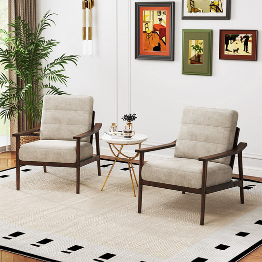Sillón moderno con reposabrazos y patas de madera de caucho para sala de estar-Marrón