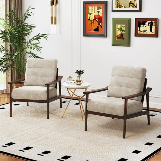 Modern Accent Chairs with rubber wood armrests and legs, beige upholstery, DirectDeals pair on Tampa Home & Garden Store