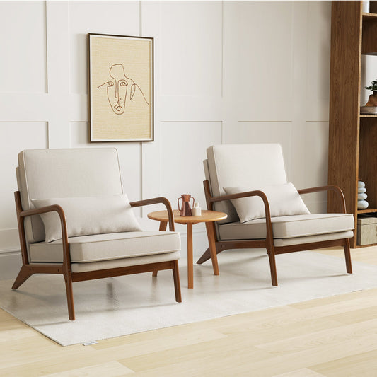 Sillón moderno con reposabrazos de madera de caucho y respaldo extraíble - Beige