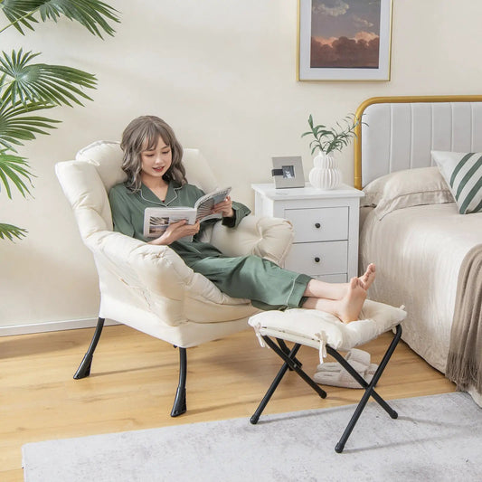 Modern Accent Sofa Chair with folding footrest in cream fabric, shown with an ottoman on Tampa Home & Garden Store