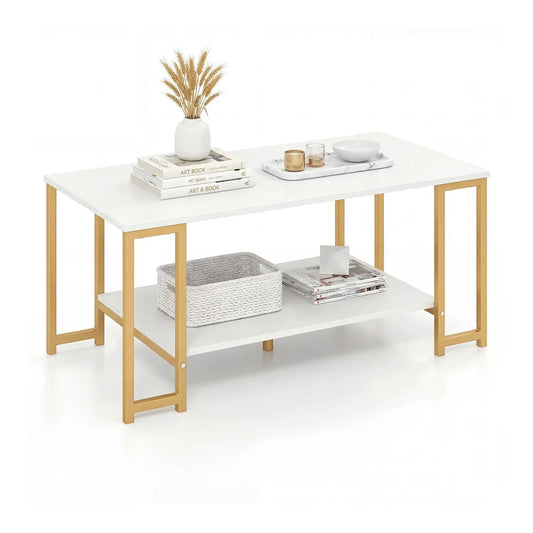 DirectDeals white coffee table with open lower shelf and gold legs, vase and books decor on top on Tampa Home & Garden Store