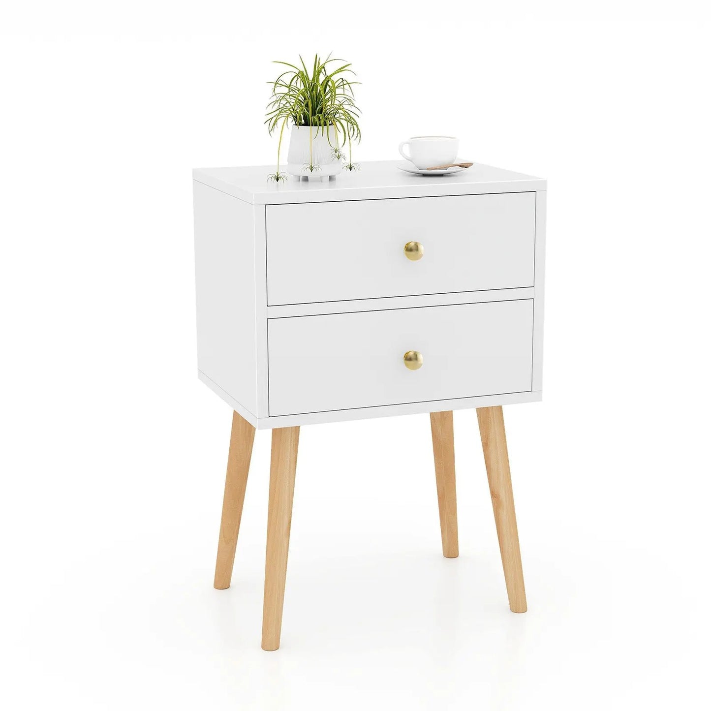 Modern nightstand with 2 drawers in white, gold knobs, and light wood legs on Tampa Home & Garden Store