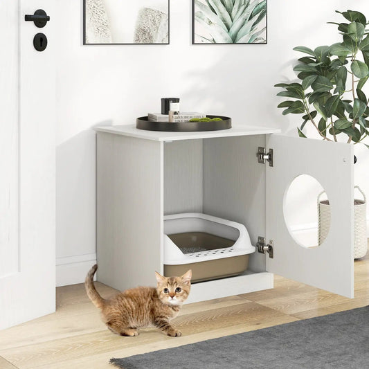 Cat Litter Box Enclosure with Nightstand Top in White, cabinet reveals litter tray inside on Tampa Home & Garden Store