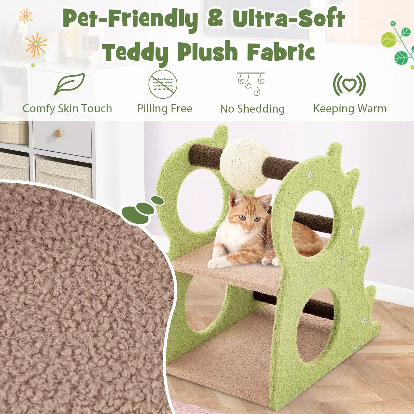 Two-Tier Green Cat Tree with rotating ball and teddy plush fabric on Tampa Home & Garden Store
