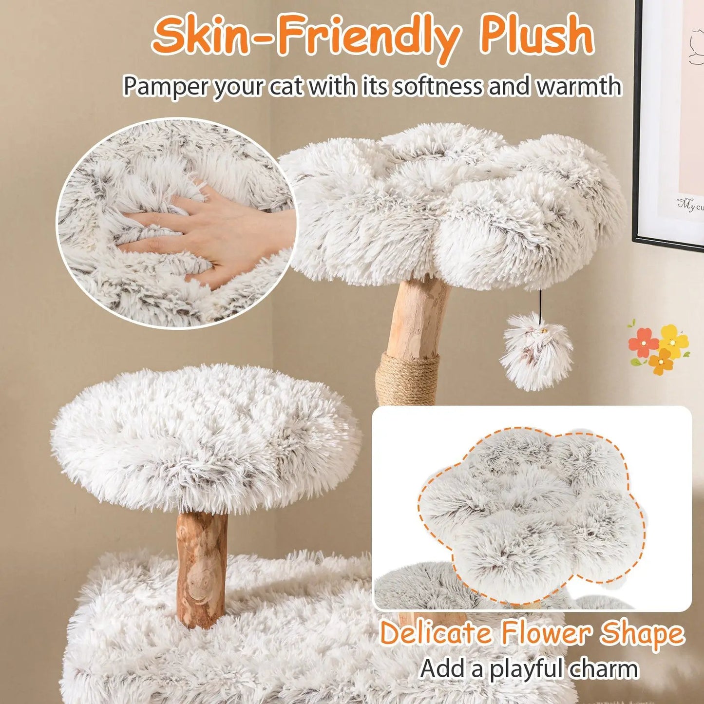 Pear wood cat tree 53 inch tall with fluffy gray-white plush perches and hanging fur ball on Tampa Home & Garden Store