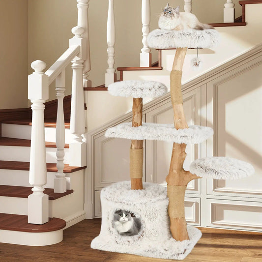 Pear Wood Cat Tree 53 Inch Tall with wood posts and plush white fur platforms DirectDeals on Tampa Home & Garden Store