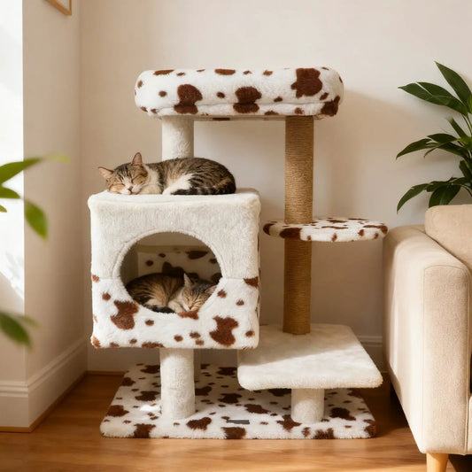Cat Tree with Wide Perch and Two Entrance Condo two cats in white cow-print plush by DirectDeals on Tampa Home & Garden Store