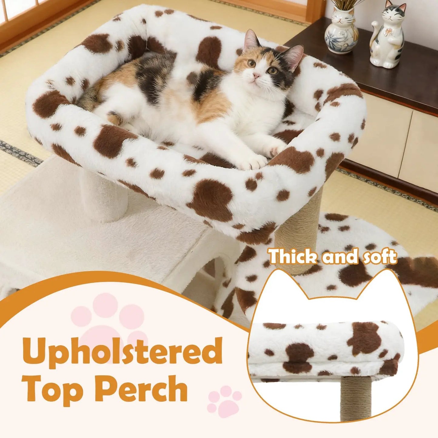 Cat Tree with Wide Perch and Two Entrance Condo by DirectDeals in white cow-print plush on Tampa Home & Garden Store
